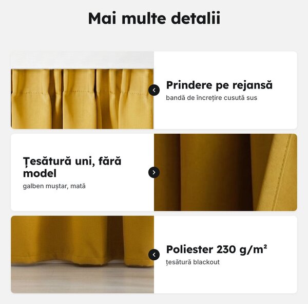 Draperie blackout galben muștar cu rejansă, 140 cm lățime, varianta lungă, opacitate 90%