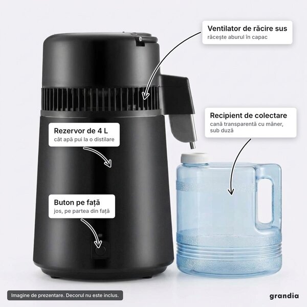 Distilator de apă de 4 L, 750 W, interior din inox 304, negru