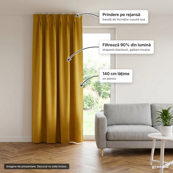 Draperie blackout galben muștar cu rejansă, 140 cm lățime, varianta lungă, opacitate 90%