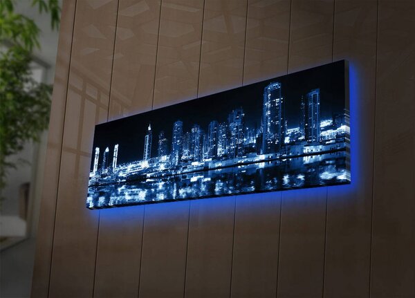 Tablou 3090DACT-6, albastru/negru, panza, cu iluminare LED, 90x30 cm