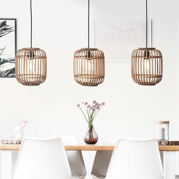 Brilliant Lampă suspendată Woodrow, lungime 105 cm, lemn deschis, 3 lumini, bambus, reglabil, Lemn, Camera de zi / sufragerie, Bamboo, Casă de țară / Rustic