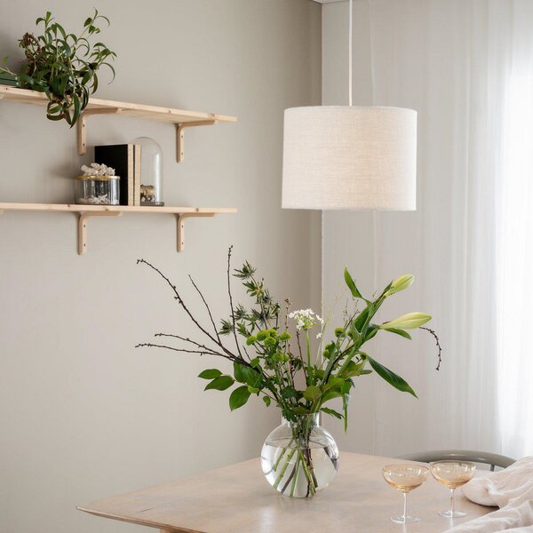 PR Home lampă suspendată Sara, alb deschis, Ø 35 cm, material textil din in, reglabil, Alb, Camera de zi / sufragerie, Țesătură / Textil