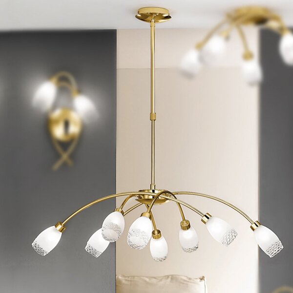 ORION Lampă suspendată CARLA, culoare alamă, Ø 84 cm, metal/sticlă 8 becuri., reglabil, Auriu / Alamă, Camera de zi / sufragerie, Metal, Antichitate