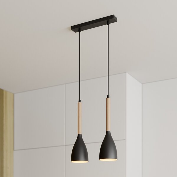 Luminex Lampă suspendată Muza, 2 becuri, negru/lemn deschis, reglabil, Negru, Camera de zi / sufragerie, Metal, Modern