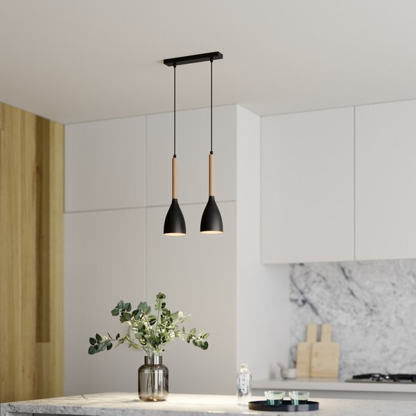 Luminex Lampă suspendată Muza, 2 becuri, negru/lemn deschis, reglabil, Negru, Camera de zi / sufragerie, Metal, Modern