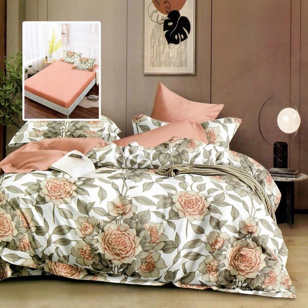Set lenjerie pat finet HF6P302, bumbac/poliester, coral/verde, 160-180