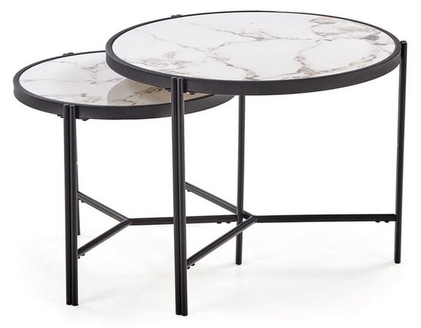 Set 2 masute cafea FATIMA, alb cu efect de marmura/negru, ceramica/met