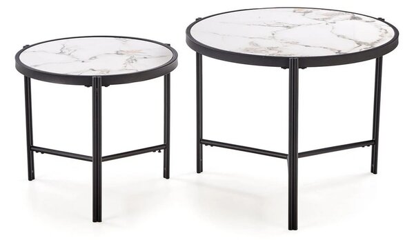 Set 2 masute cafea FATIMA, alb cu efect de marmura/negru, ceramica/met