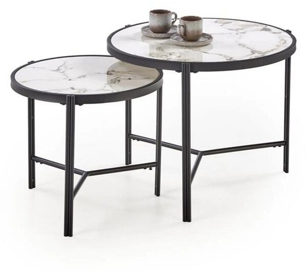 Set 2 masute cafea FATIMA, alb cu efect de marmura/negru, ceramica/met
