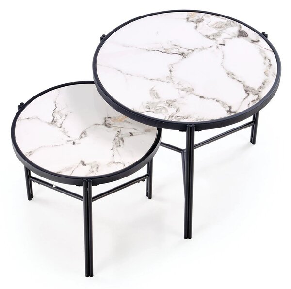 Set 2 masute cafea FATIMA, alb cu efect de marmura/negru, ceramica/met