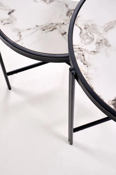 Set 2 masute cafea FATIMA, alb cu efect de marmura/negru, ceramica/met