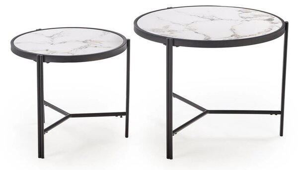 Set 2 masute cafea FATIMA, alb cu efect de marmura/negru, ceramica/met