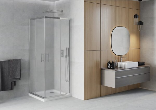 Cabină de duș pătrată Mexen Rio 90 x 90 cm, sticlă 6 mm, sticlă mată, profil crom + cadă de duș subțire 5 cm, 860-090-090-01-30-4010