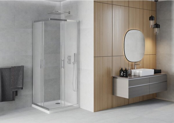 Cabină de duș pătrată Mexen Rio 90 x 90 cm, sticlă 6 mm, sticlă mată, profil crom + cadă de duș subțire 5 cm, 860-090-090-01-30-4010