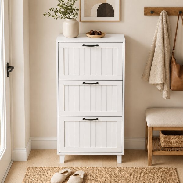 HOMCOM Dulap pentru încălțăminte, 3 sertare rabatabile, rafturi reglabile, îngust, Alb. | Aosom Romania