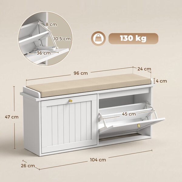 HOMCOM Bancă pantofar, mobilier pentru hol, pernuță tapițată, 2 sertare basculante, 8-10 perechi de pantofi | Aosom Romania