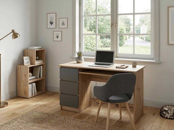Birou CINO, stejar artisan/gri grafit, PAL laminat, 120x50x77 cm
