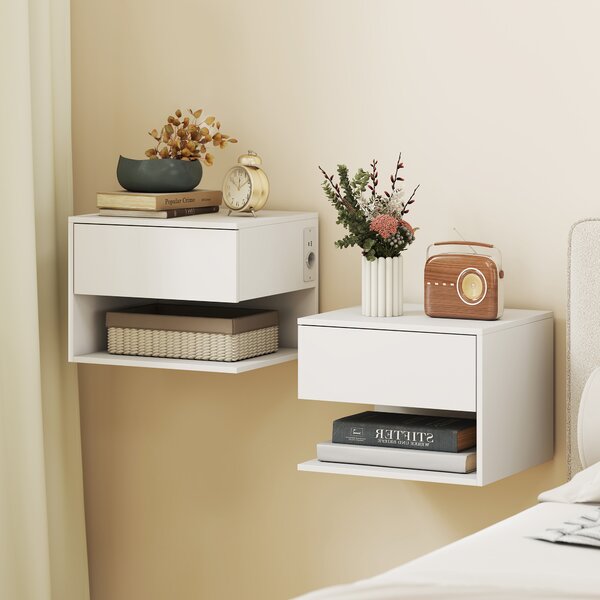 HOMCOM Set Noptiere Suspendate cu Sertar și Raft, Noptiere Moderne pentru Canapea, 40 x 35 x 30 cm, Alb | Aosom Romania