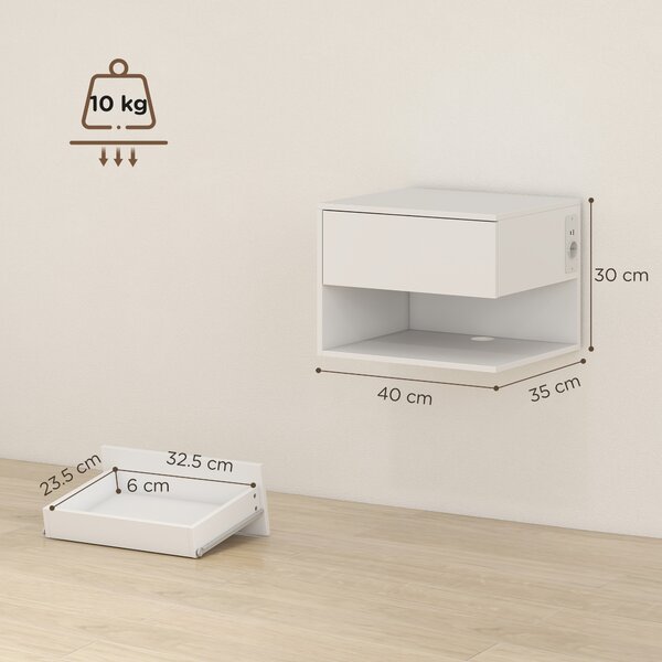 HOMCOM Set Noptiere Suspendate cu Sertar și Raft, Noptiere Moderne pentru Canapea, 40 x 35 x 30 cm, Alb | Aosom Romania