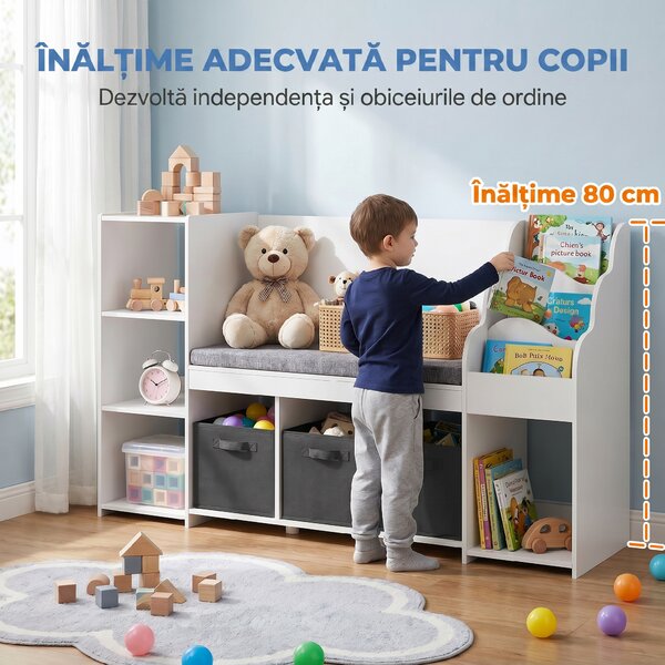 AIYAPLAY Raft Depozitare Jucării Copii 3-8 Ani cu Bibliotecă pe 3 Niveluri, 3 Sertare, 4 Compartimente, Pernă, Alb | Aosom Romania
