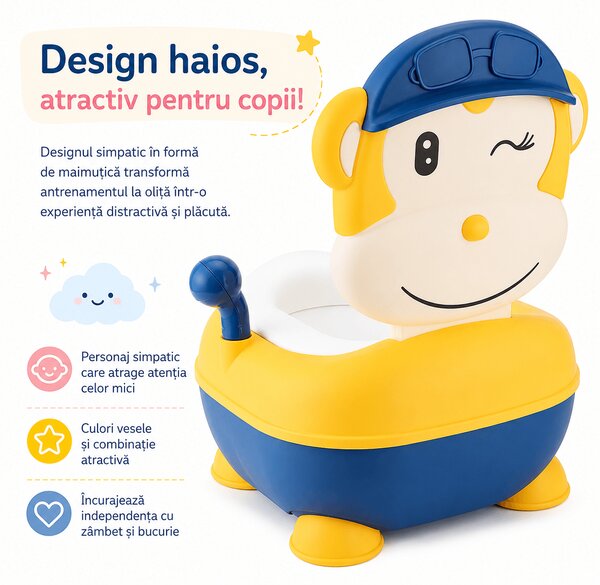 Olita copii cu capac si colac moale din PVC Kidizi Funky Monkey Yellow, recipient detasabil,1,5-5 ani