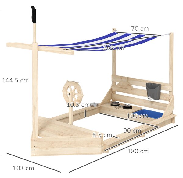 Outusunny Nisipar din Lemn pentru Copii cu Capac, Ladă de Nisip pentru Exterior cu Set de Joacă Inclus, 180x103x144,5 cm, Lemn Natural | Aosom Romania