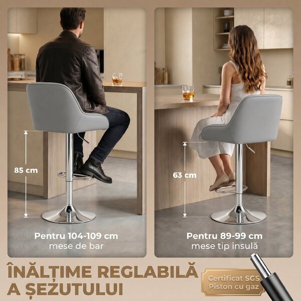 HOMCOM Set de 2 Scaune de Bar Rotative Reglabile pentru Bucătărie, Gri Deschis | Aosom Romania