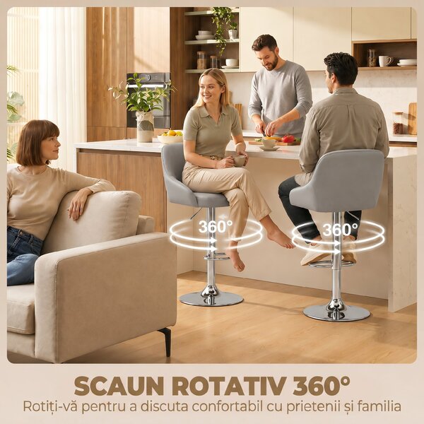 HOMCOM Set de 2 Scaune de Bar Rotative Reglabile pentru Bucătărie, Gri Deschis | Aosom Romania