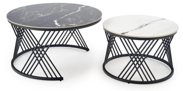 Set 2 masute cafea FLAMINGO, negru cu efect de marmura/alb cu efect de