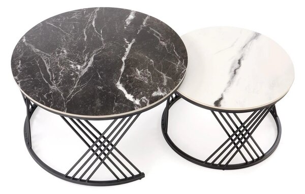 Set 2 masute cafea FLAMINGO, negru cu efect de marmura/alb cu efect de