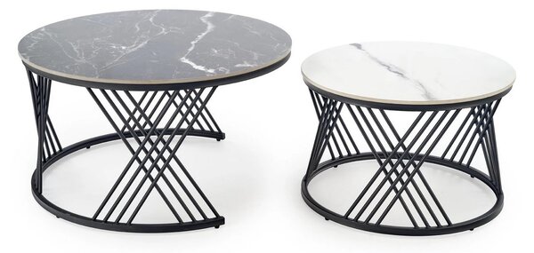 Set 2 masute cafea FLAMINGO, negru cu efect de marmura/alb cu efect de