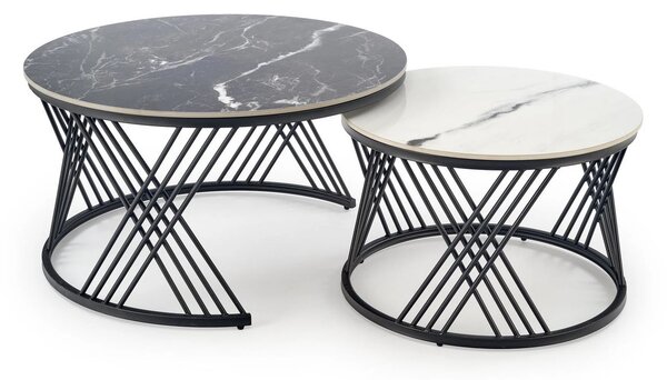 Set 2 masute cafea FLAMINGO, negru cu efect de marmura/alb cu efect de