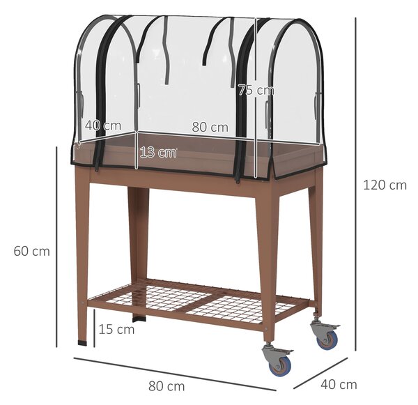 Outsunny Strat de Gradină Înălțat cu Acoperiș de Sera, Jardiniera Mobilă cu Roți și Raft Inferior pentru Legume, Flori, Ierburi | Aosom Romania