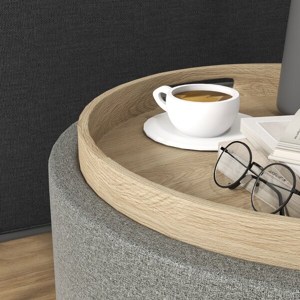 HOMCOM Taburet otoman rotund cu capac rabatabil stil tava, Taburet cu material similar inului, Masuta de cafea cu spatiu ascuns de depozitare