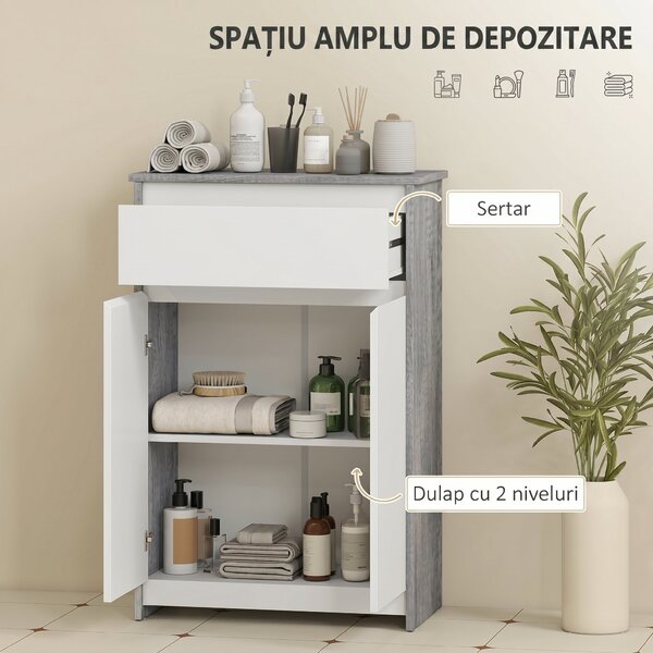 Kleankin Dulap de Baie Independent cu Sertar și Uși Duble, Gri-Alb | Aosom Romania