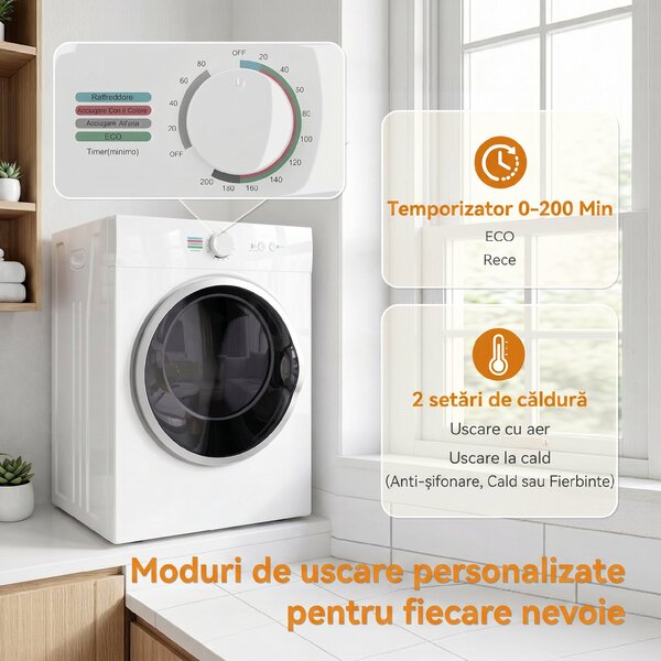 HOMCOM Mini Uscător de Rufe Portabil 4,8 kg, 1020W, Încălzire PTC, Timer, Alb | Aosom Romania