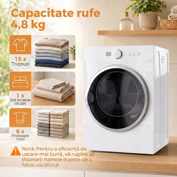 HOMCOM Mini Uscător de Rufe Portabil 4,8 kg, 1020W, Încălzire PTC, Timer, Alb | Aosom Romania