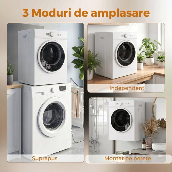 HOMCOM Mini Uscător de Rufe Portabil 4,8 kg, 1020W, Încălzire PTC, Timer, Alb | Aosom Romania