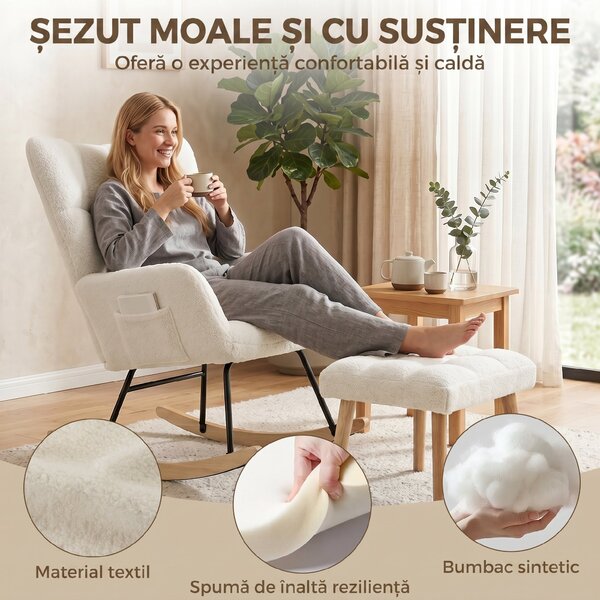 HOMCOM Fotoliu Balansoar din Sherpa cu Taburet, Buzunare Laterale, Șezut Gros, Design Matlasat, Crem | Aosom Romania