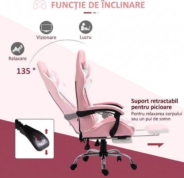 Vinsetto Scaun Gaming Ergonomic Reclinabil cu Tetieră, Pernă Lombară, Înălțime Reglabilă, Roz și Alb | Aosom Romania
