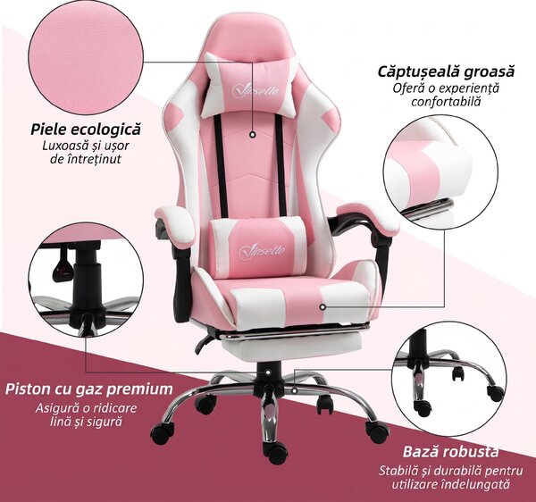 Vinsetto Scaun Gaming Ergonomic Reclinabil cu Tetieră, Pernă Lombară, Înălțime Reglabilă, Roz și Alb | Aosom Romania