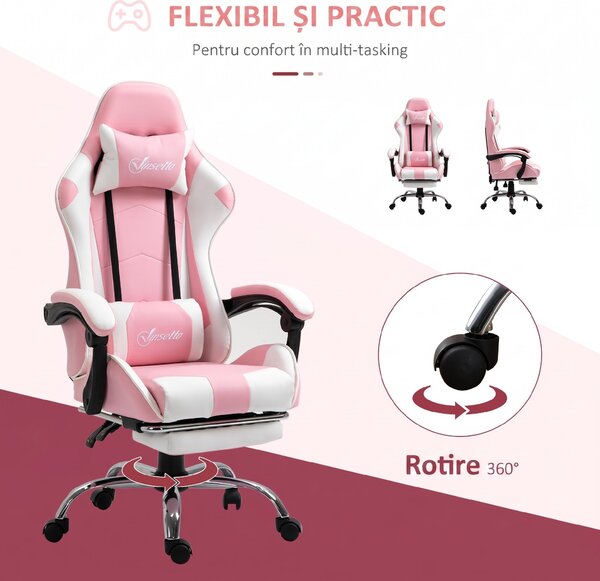 Vinsetto Scaun Gaming Ergonomic Reclinabil cu Tetieră, Pernă Lombară, Înălțime Reglabilă, Roz și Alb | Aosom Romania
