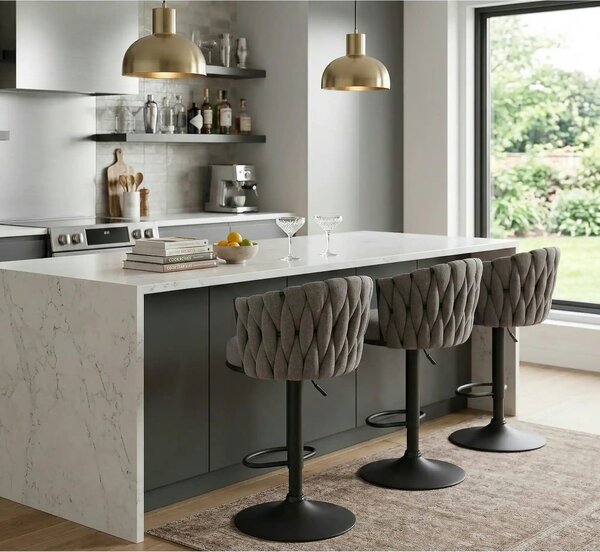 Scaun bar textil H125, gri - Nea 15, stofa clasica/otel, 53x54x90/105