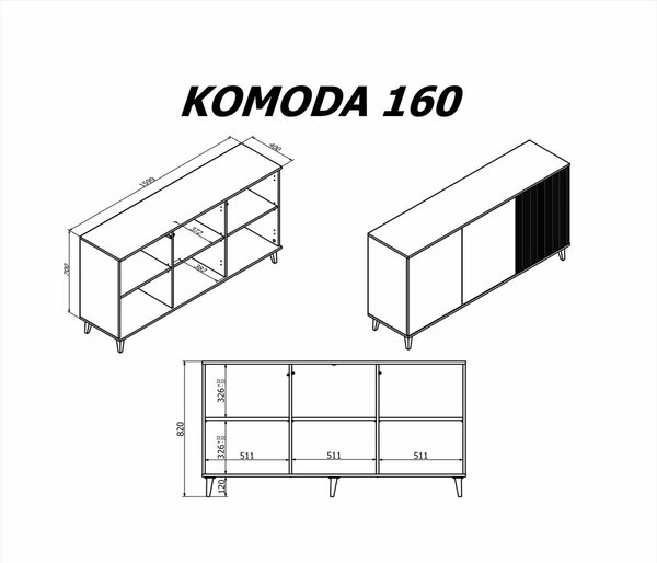 Comoda RANDOM KM-1, stejar wotan/negru, PAL furniruit, 160x40x82 cm