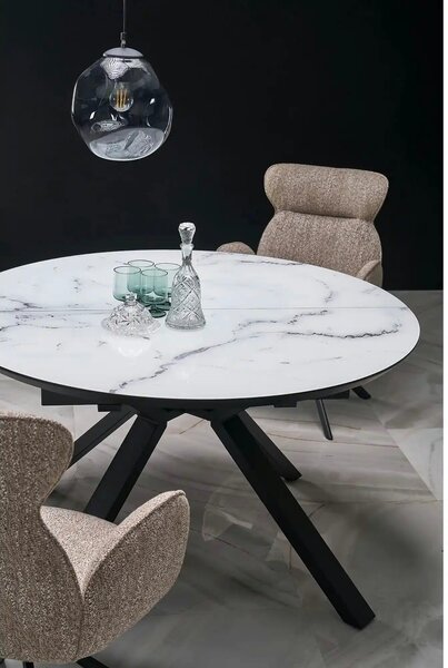 Masa rotunda extensibila 6 persoane VERTIGO, alb cu efect de marmura/n