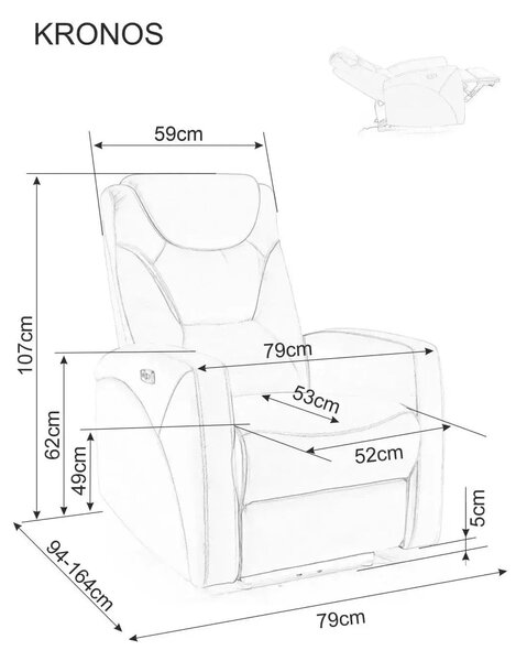 Fotoliu recliner KRONOS, stofa catifelata gri - Bluvel 14, 79x94/160x1