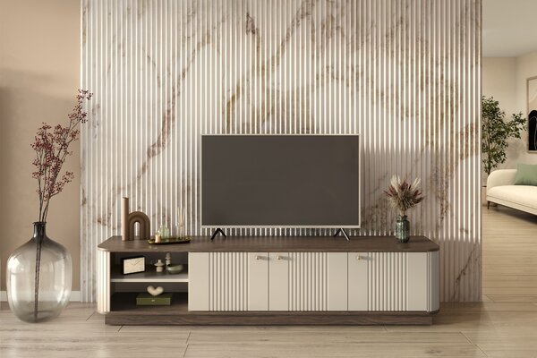 Comodă TV pe soclu Vesper 3D 187 cm - cașmir / nuc / mânere aurii