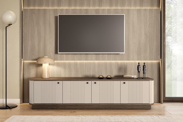Comodă TV pe soclu Vesper 4D 187 cm - cașmir / nuc / mânere negre