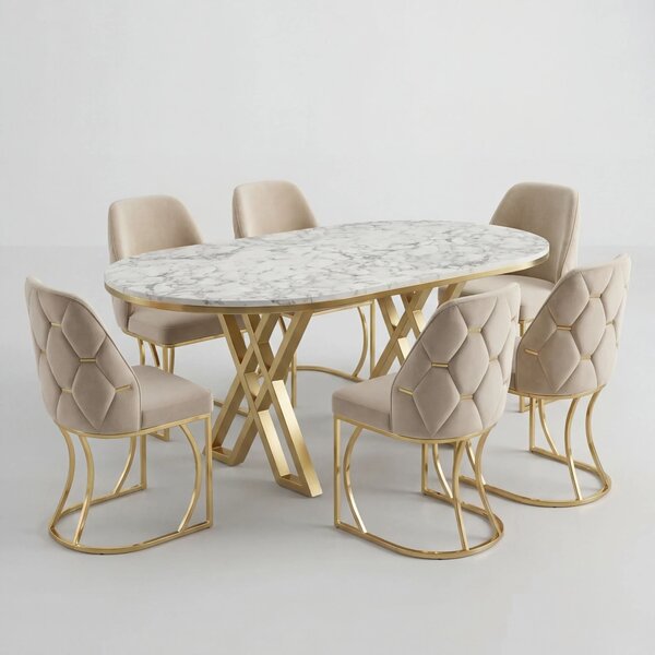 Set Masă și 6 Scaune Fergana, Stil Elegant, Detalii Aurii, 85x160 cm, Blat Marmorat Alb