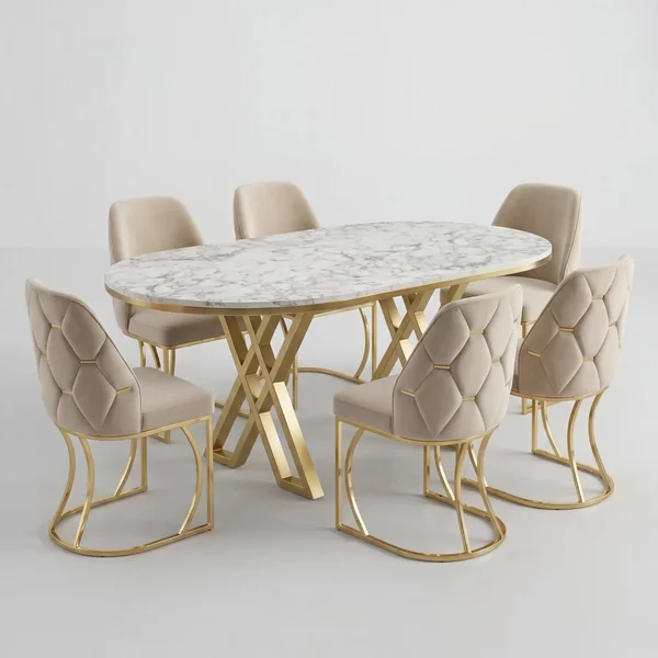 Set Masă și 6 Scaune Fergana, Stil Elegant, Detalii Aurii, 85x160 cm, Blat Marmorat Alb